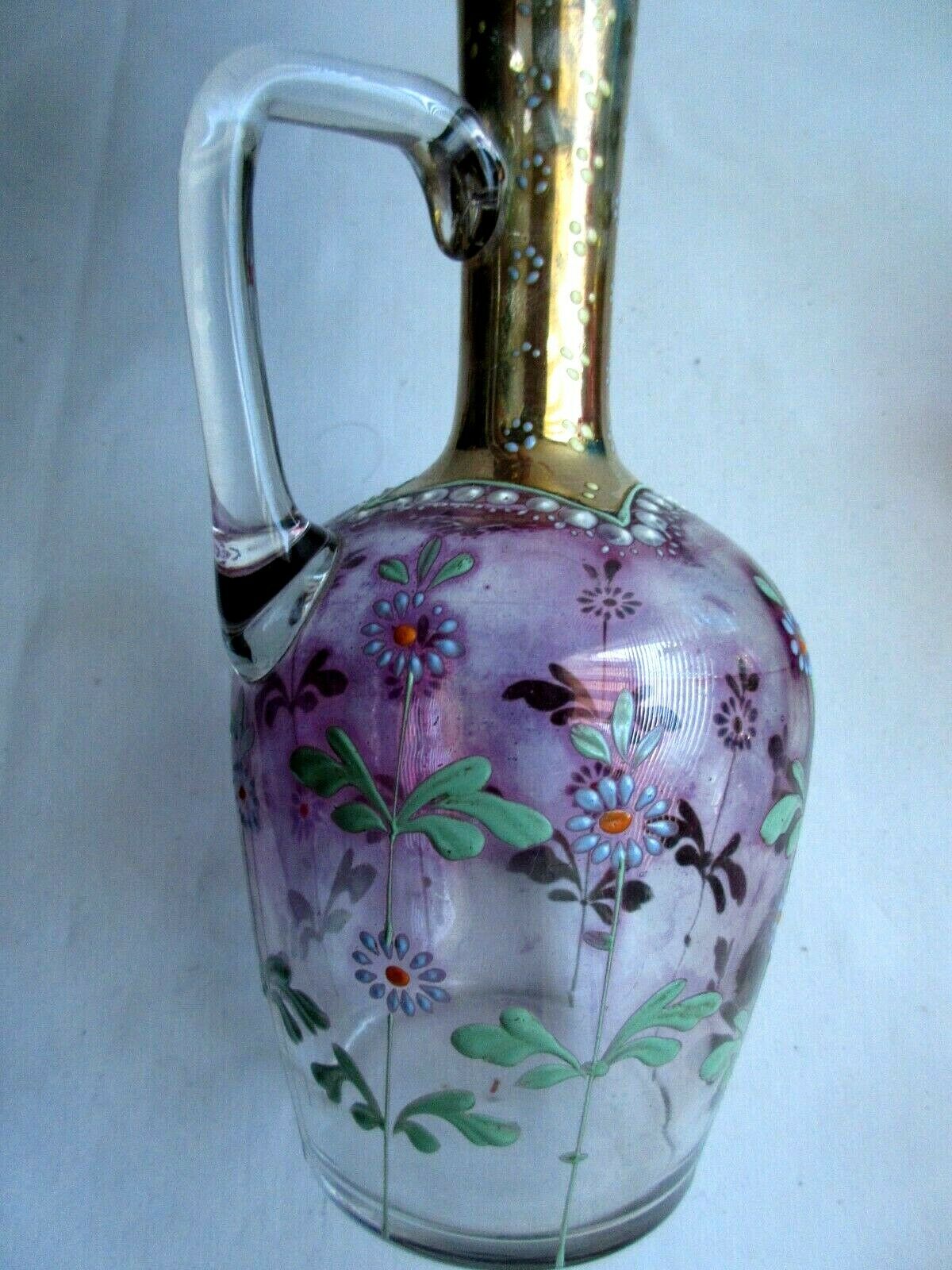 Art Nouveau ewer decanter, gilded glass and violin enamelled with daisies