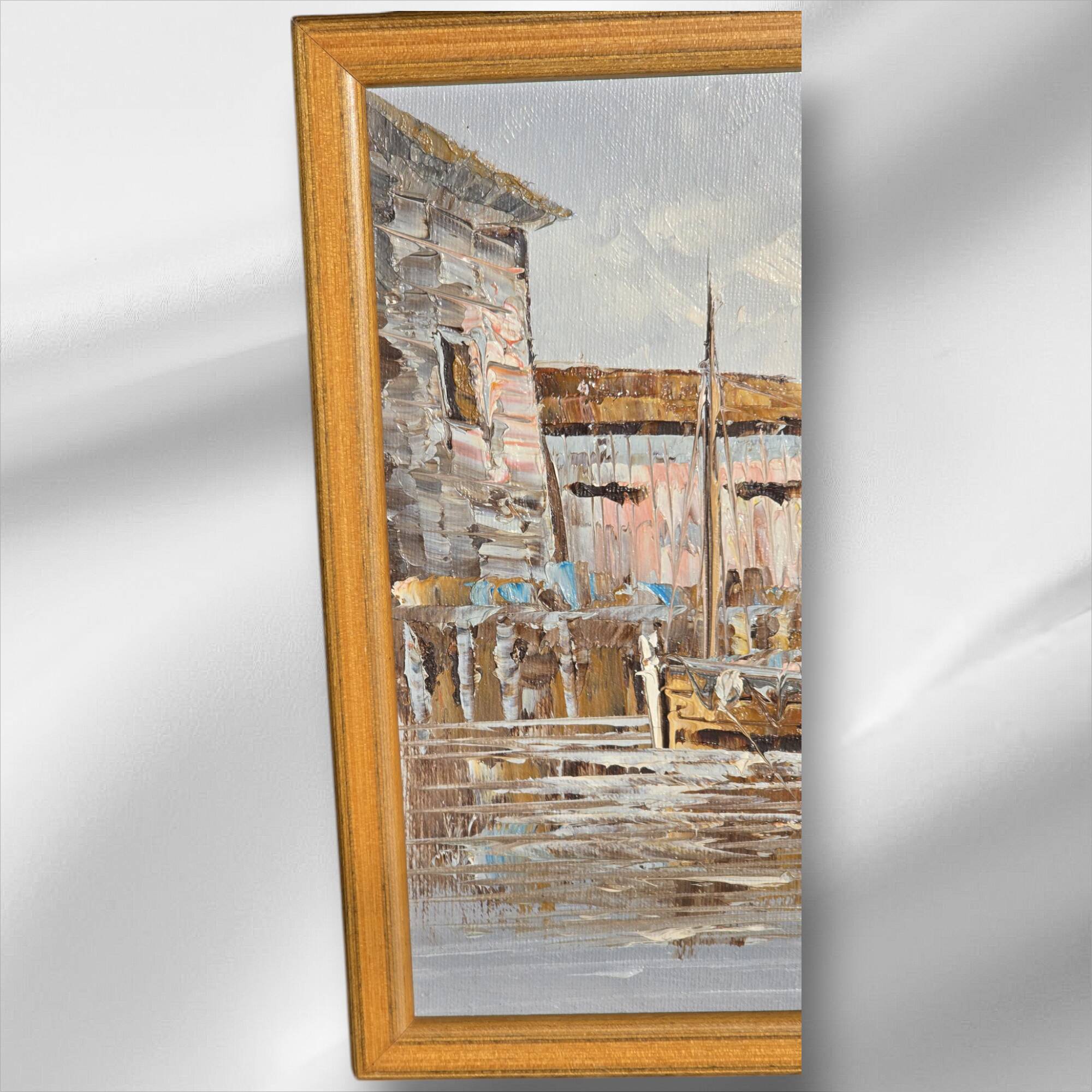 Original signed framed oil painting Fishing Wharf Port