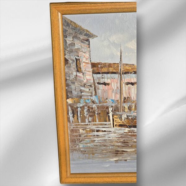 Peinture à l'huile encadrée originale signée ''Quai de pêche port