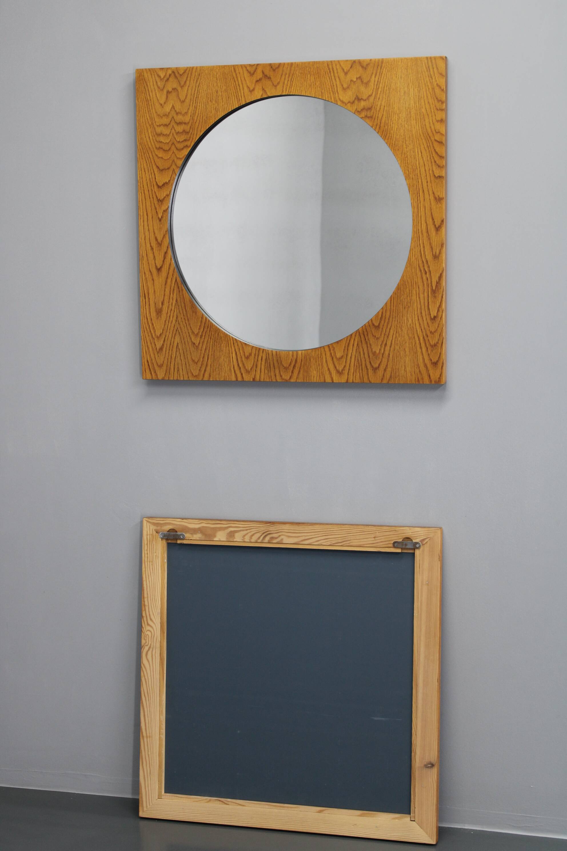 1970s Pair of Oak Large Square Mirrors, Czechoslovakia
