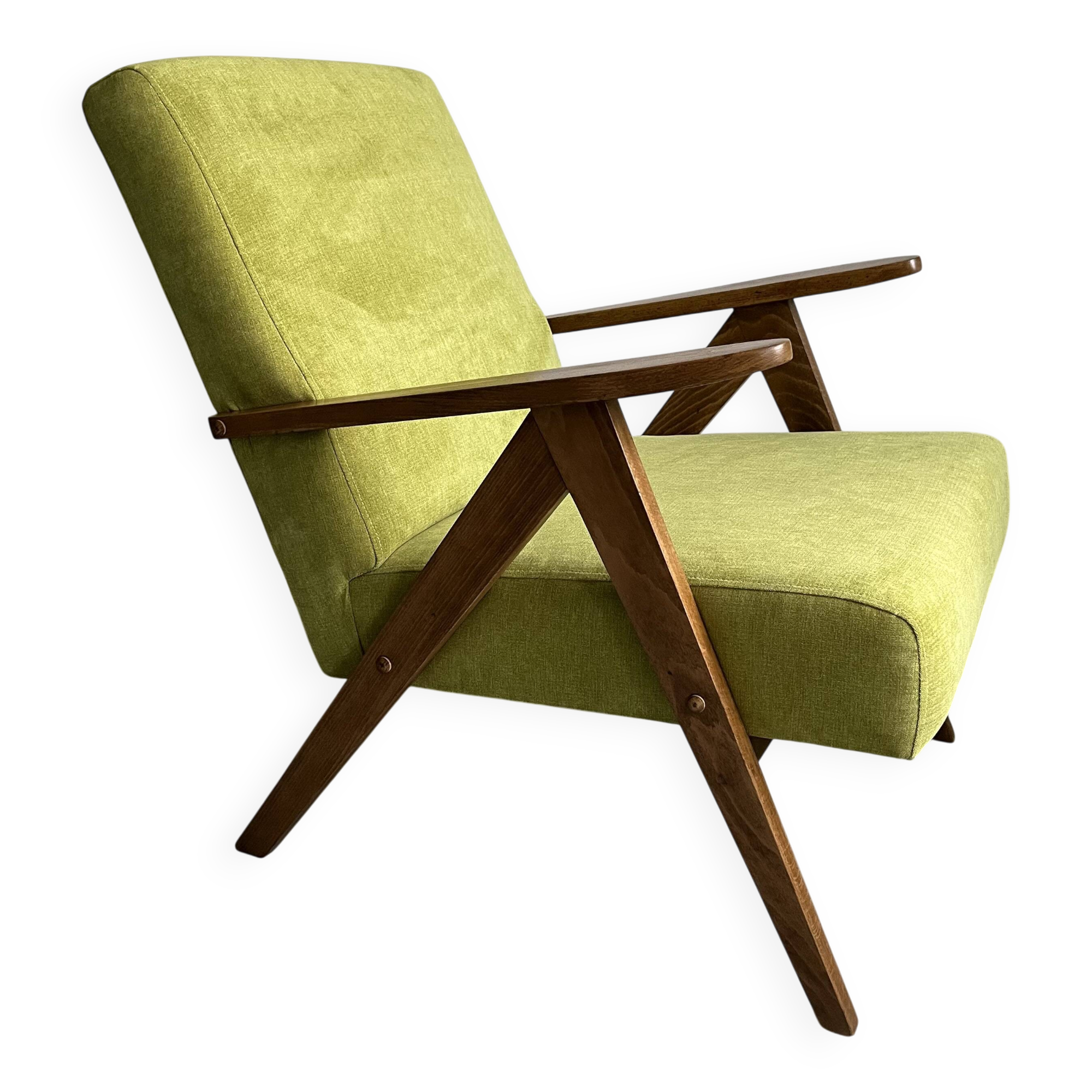 Vintage Mid-Century Modern Armchair: Lime Green Fabric and Beech Wood Frame