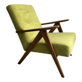 Vintage Mid-Century Modern Armchair: Lime Green Fabric and Beech Wood Frame