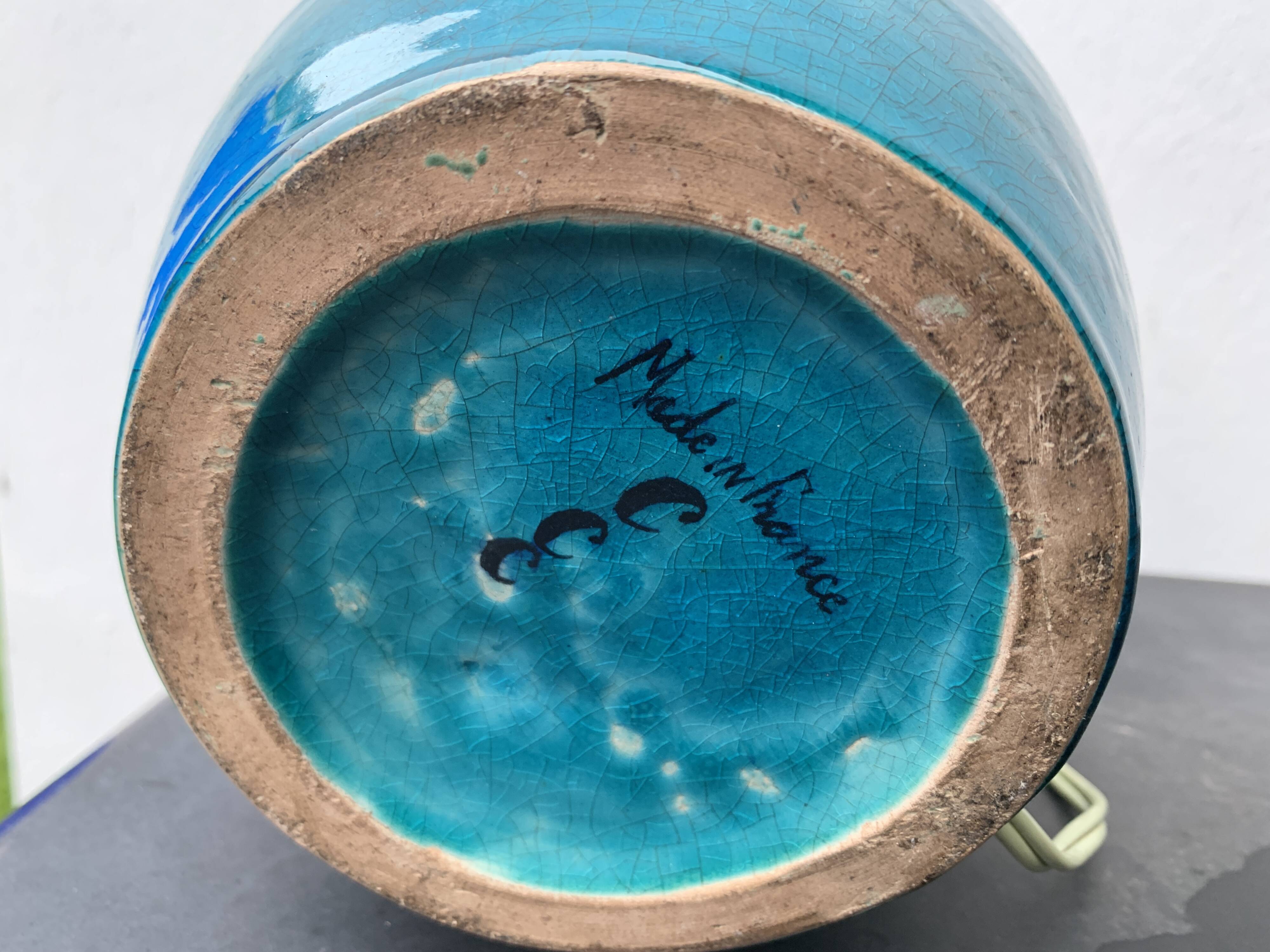 Ball lamp base in cracked ceramic and signed blue green