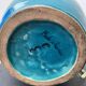 Ball lamp base in cracked ceramic and signed blue green