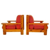 Mid Century Modern Vintage Wood and Red Velvet Armchairs, set of two, Italy 1970