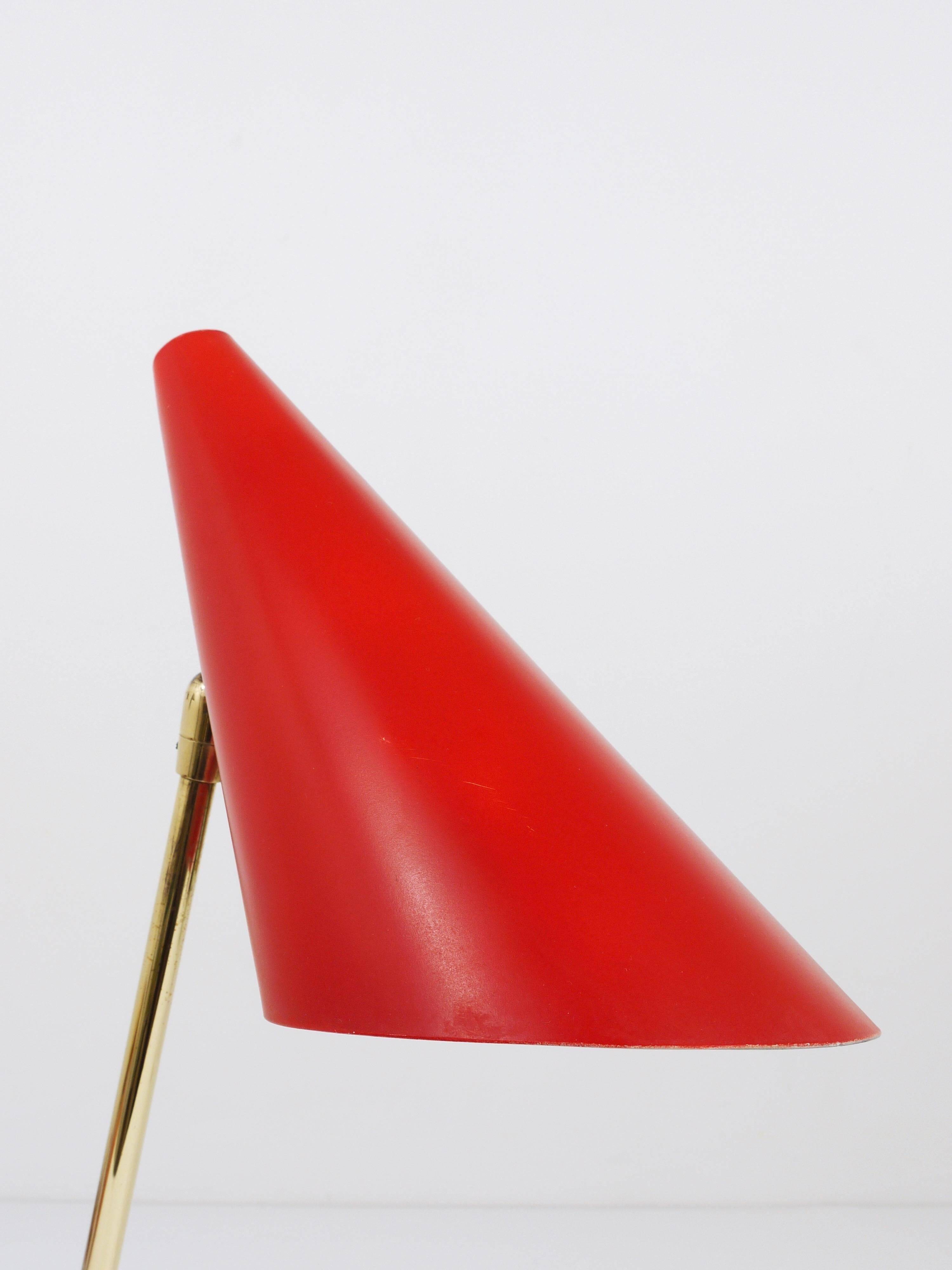 Red brass table lamp in the style of J.T. Kalmar, mid-century, Vienna, Austria, 1950s.