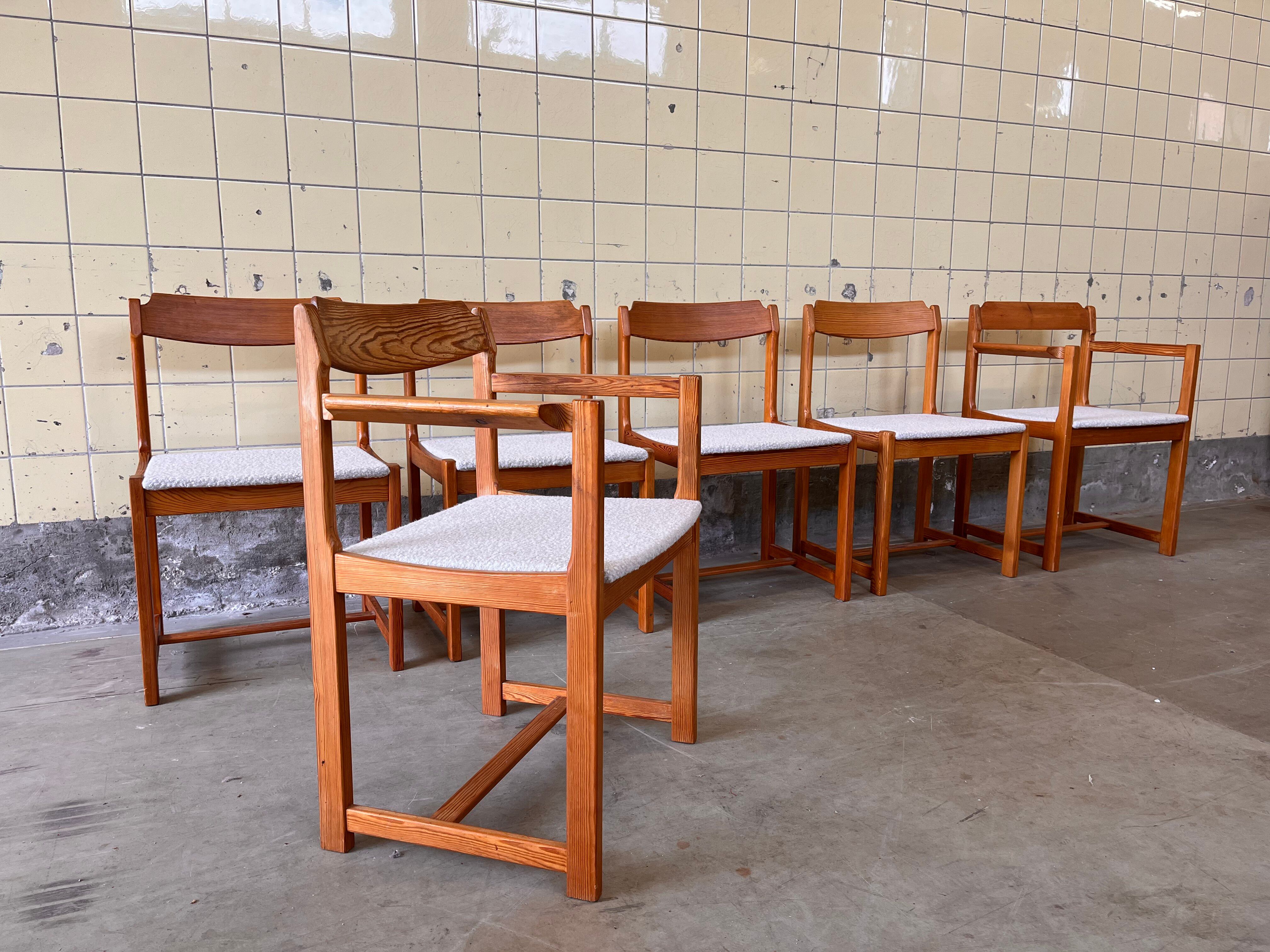 Set of six brutalist dining chairs in pine