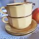 Duo of chocolate cups, breakfast, Bistro style, porcelain, yellow and gold