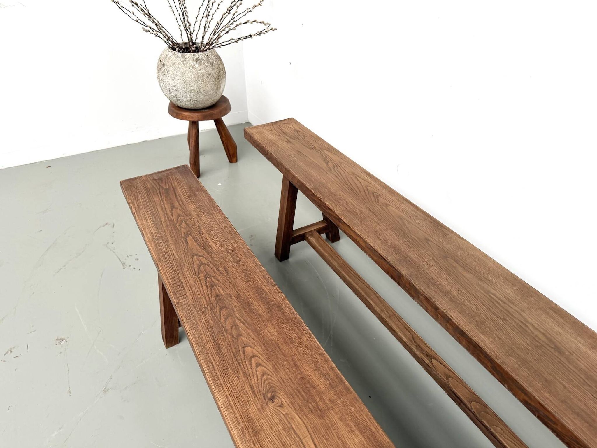 Pair of XL size benches in solid oak, 1950s.