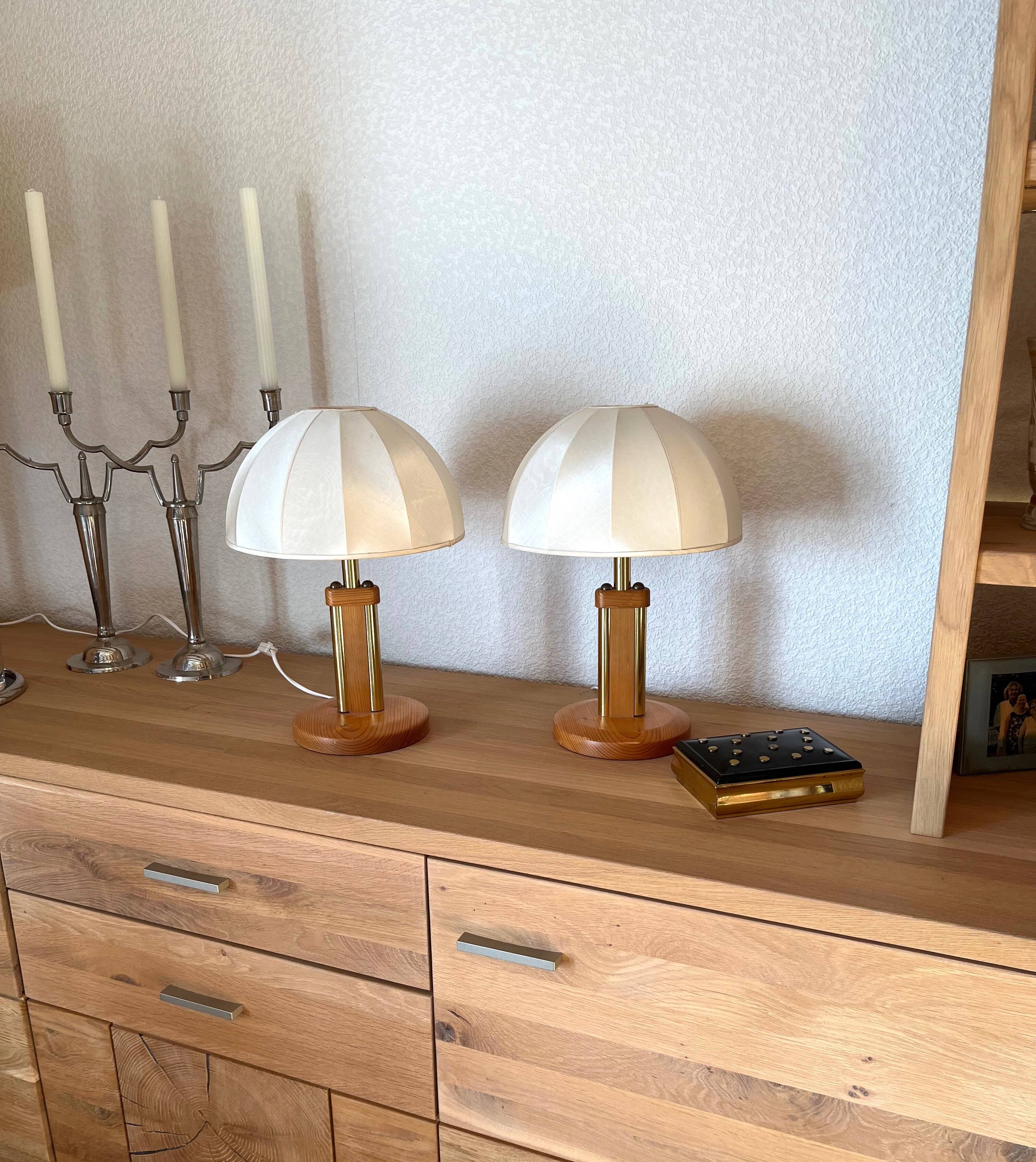 Pair Danish Modern Mid Century Pine Wood Cocoon Bedside Lamps
