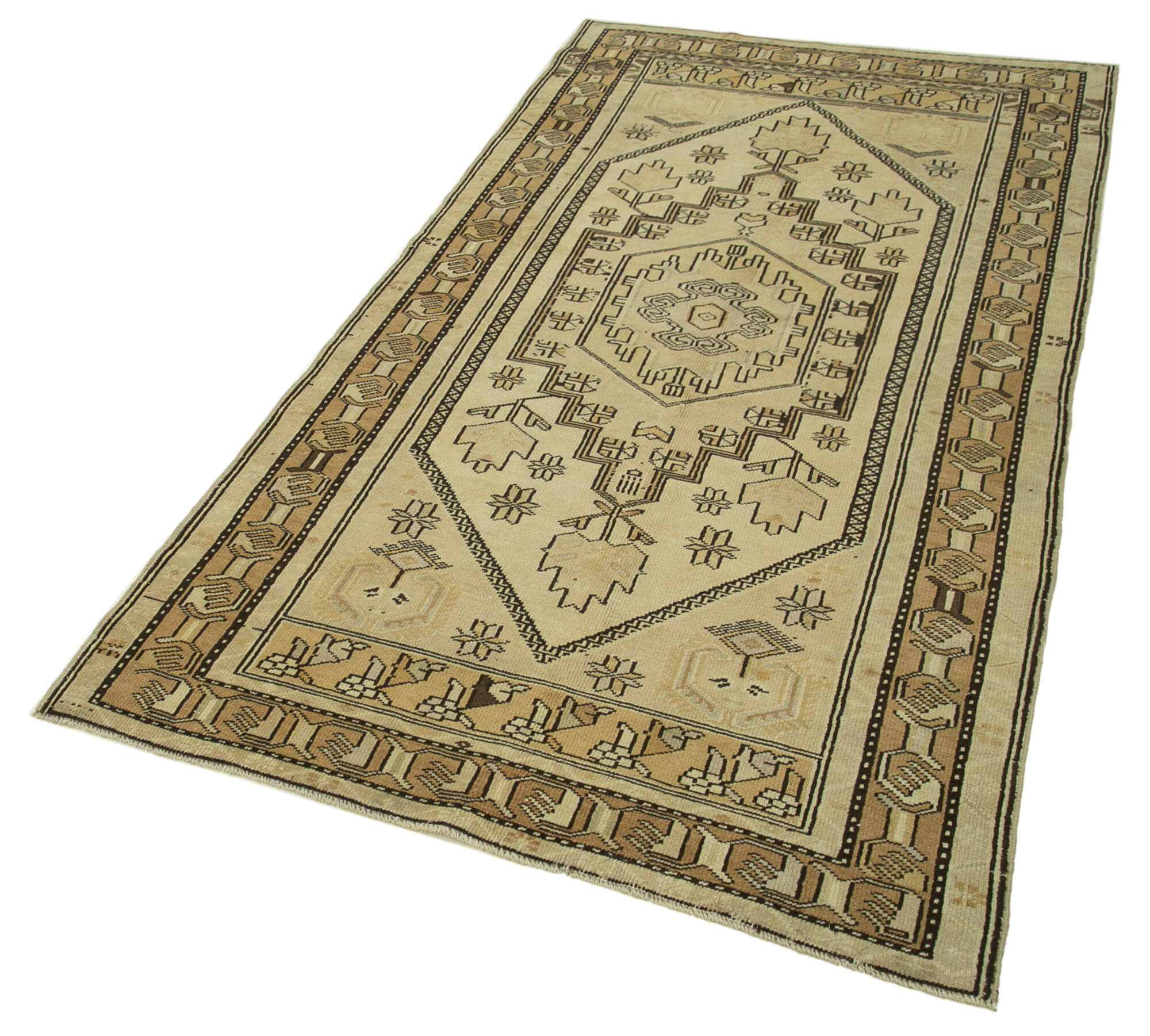 1960s Handmade Rustic Oriental Beige Carpet 115 cm x 222 cm
