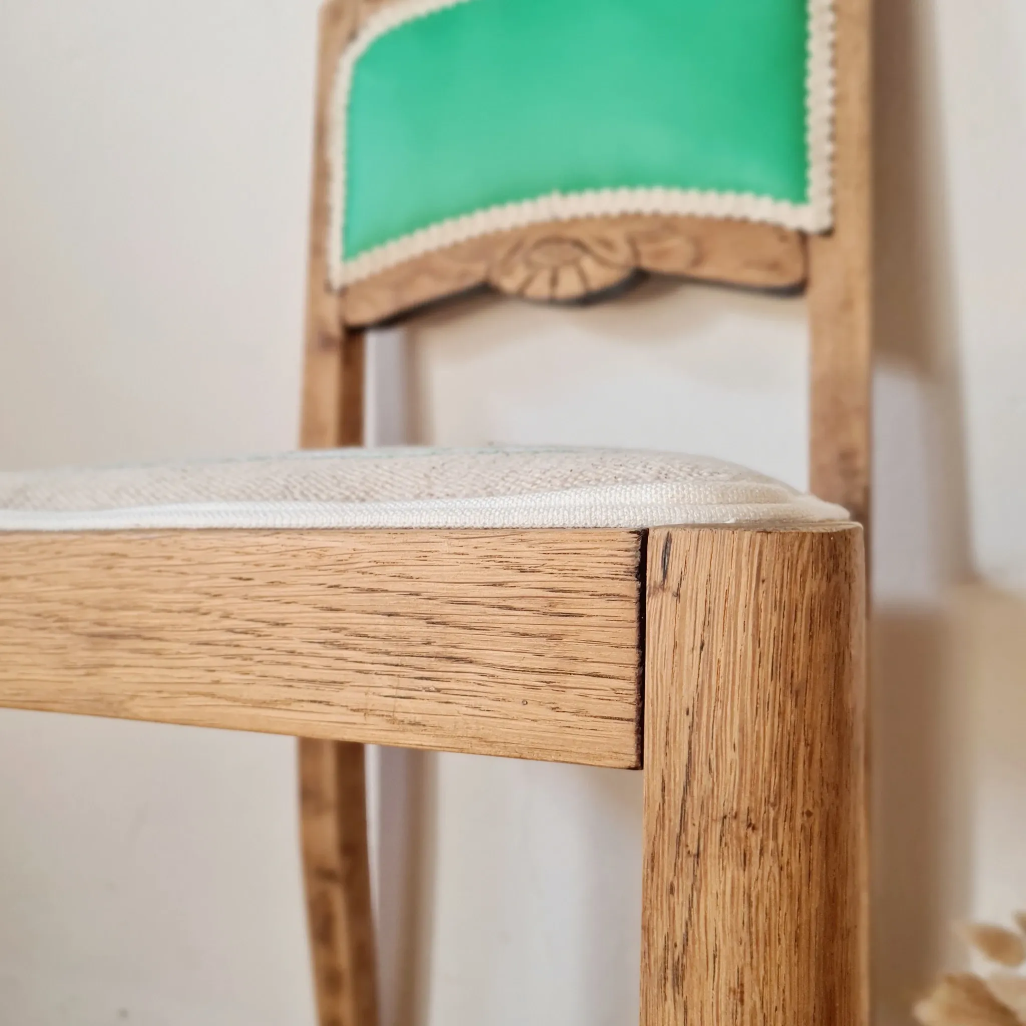 Renovated antique chair – carved wood and green backrest