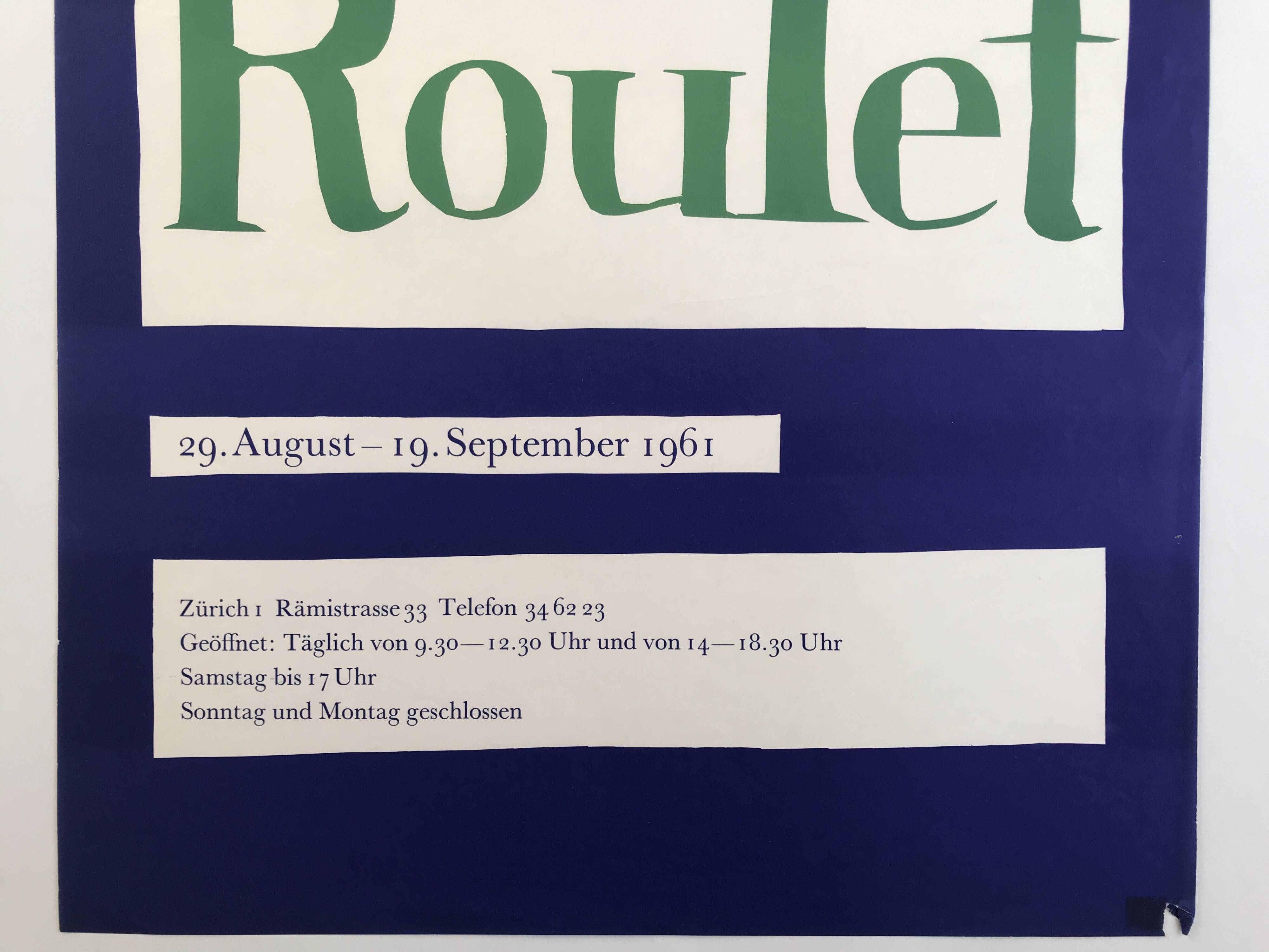 Henry roulet, galerie daniel keel, 1961. original exhibition poster in zürich.