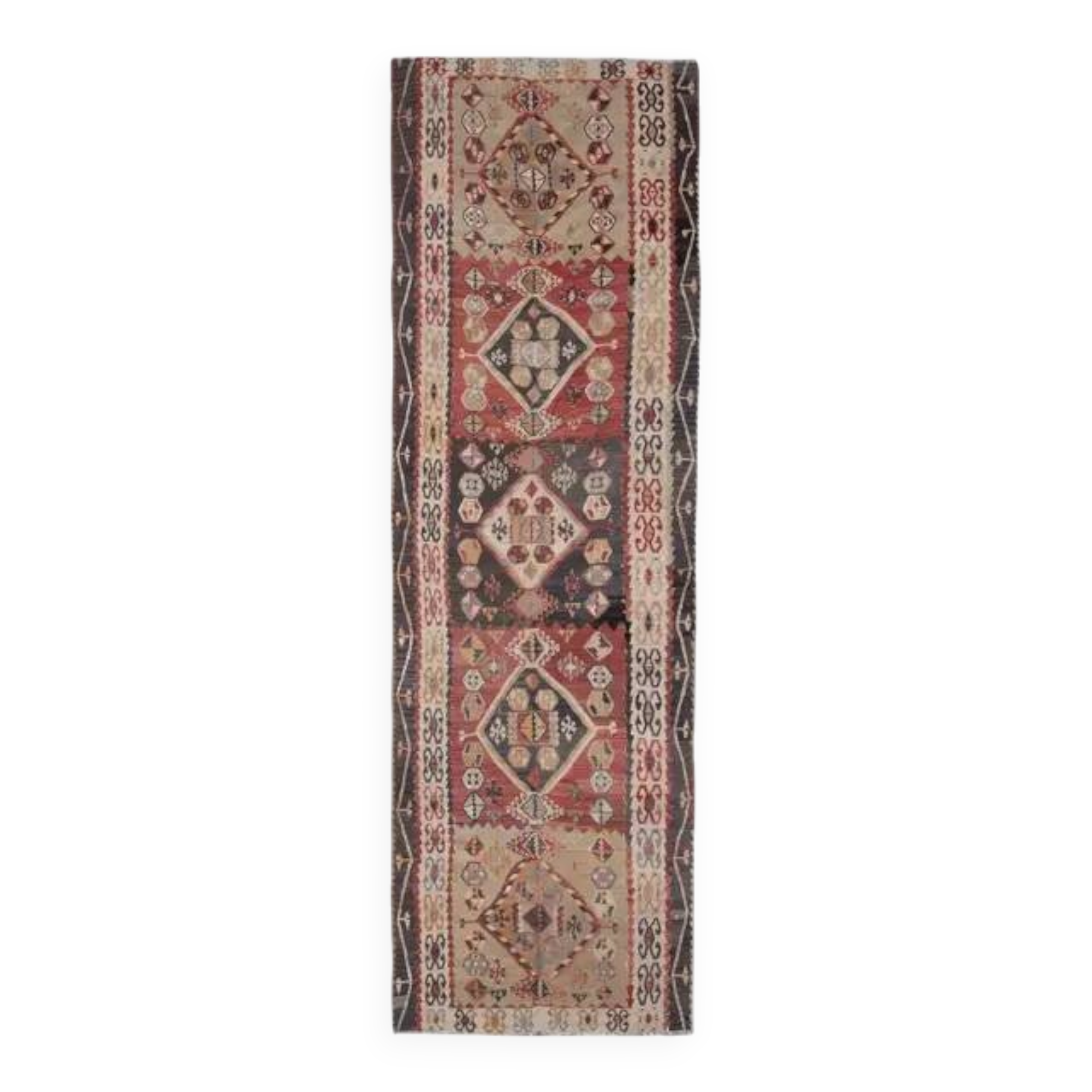 1970s Turkish Oushak Handmade Wool Cotton Red Runner Rug 131x354