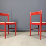 Chaises de salle à manger en laque rouge et osier, années 1970