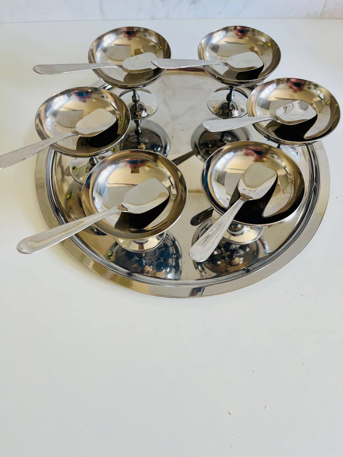 Vintage Stainless Steel Ice Cream Cups, Spoons and Trays
