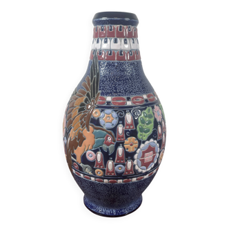 Vase bleu Art Deco à décor émaillé façon cloissoné