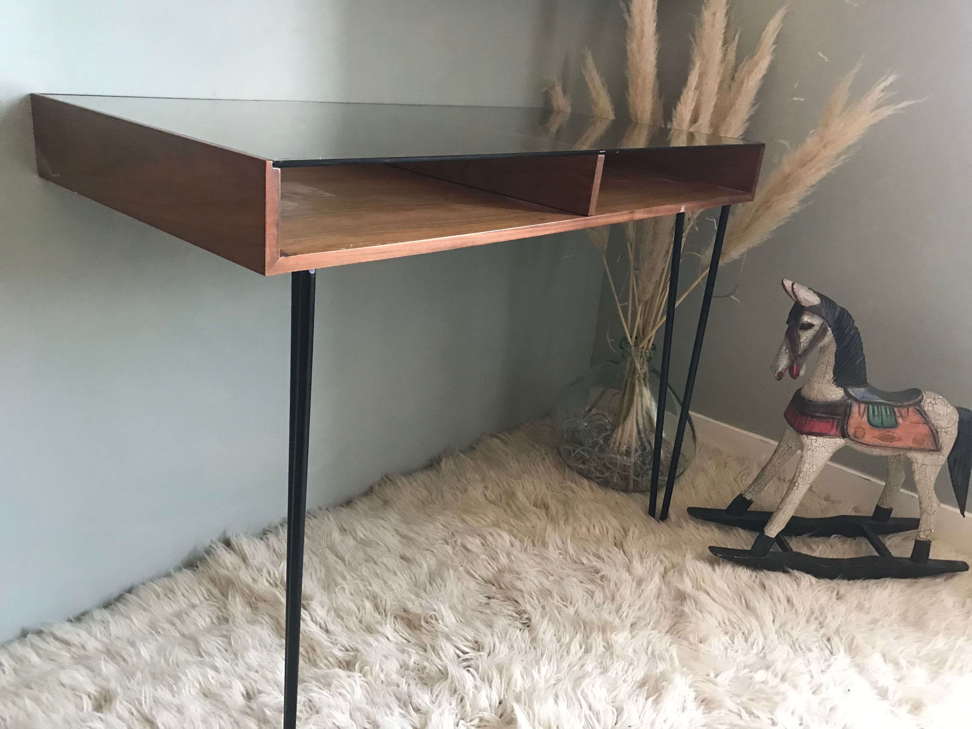 Vintage wooden desk console and tempered glass