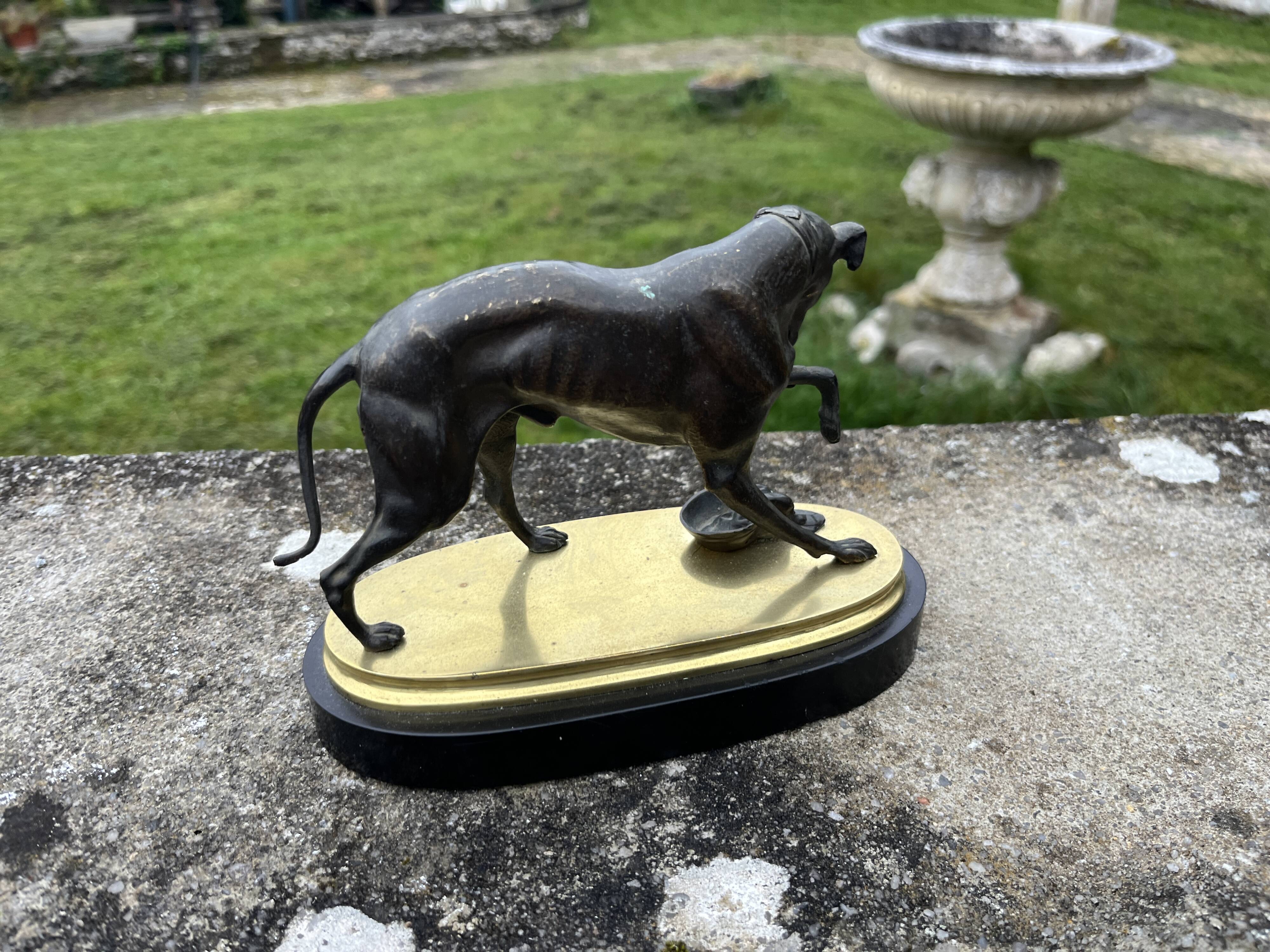 Bronze hunting dog and its prey – black marble base brass – s