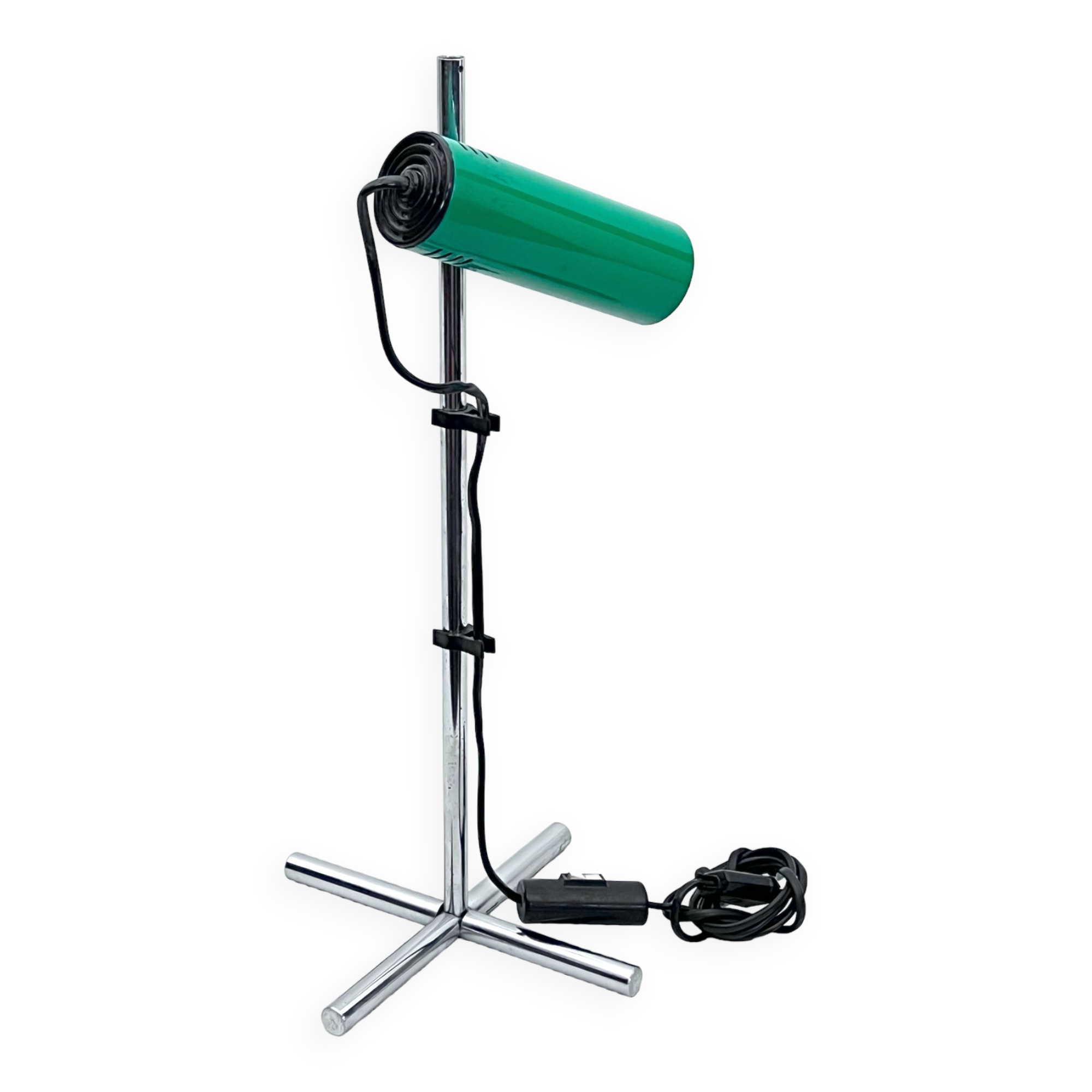 Reggiani, vintage chrome and green lacquer adjustable table lamp. Italy 1970s