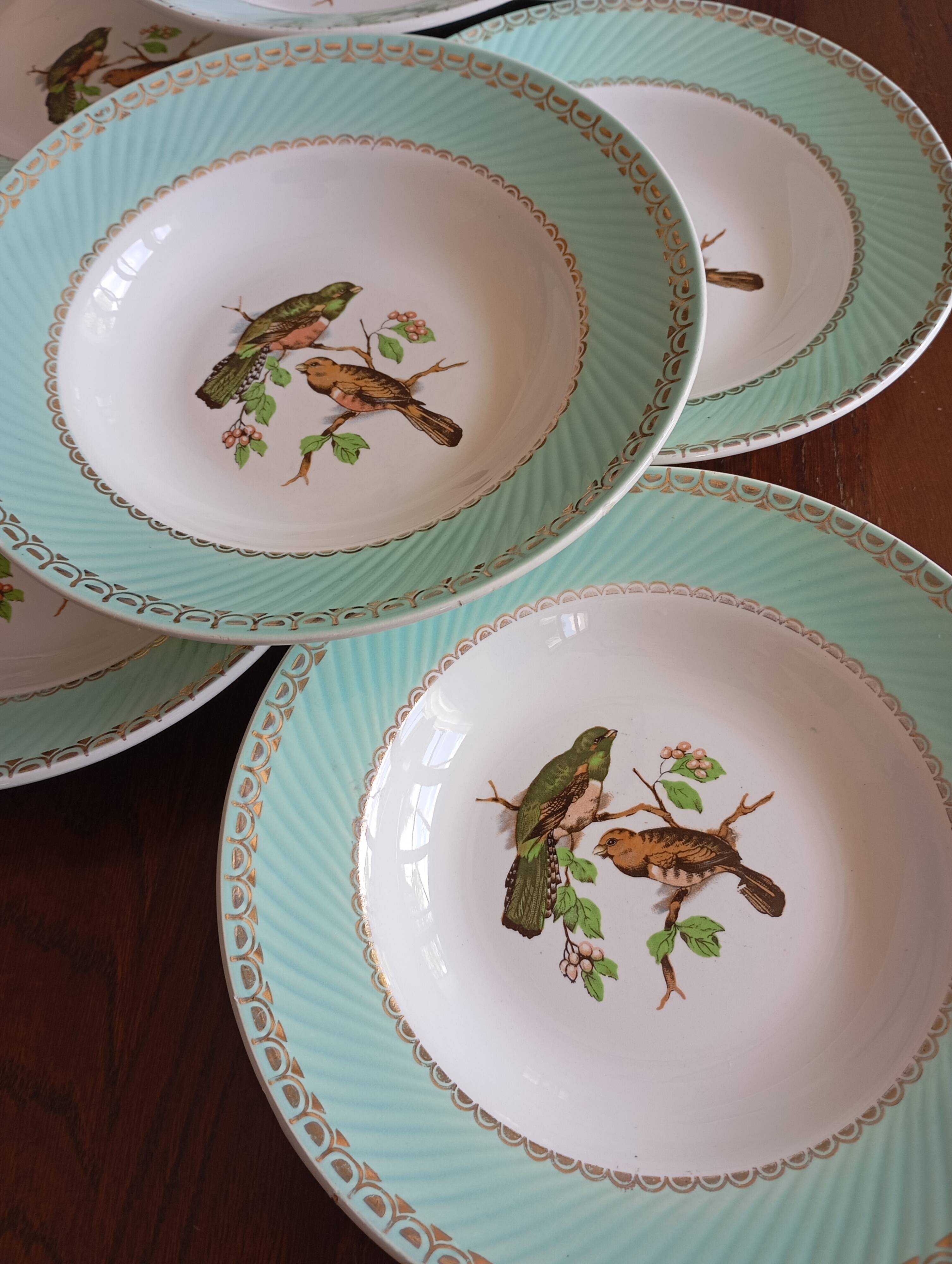 8 soup plates Fenal Badonviller "Birds" vintage 1950s