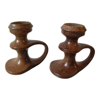 Old pair of ceramic candlesticks signed Bastian Quimper vintage decoration