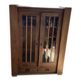 Armoire vitrine ancienne en chêne marron avec portes vitrées et tiroir, 1890-1919