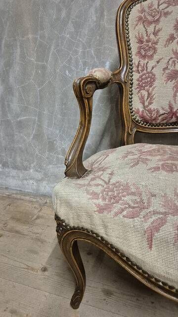 Vintage Louis XV style carved armchair with floral upholstery, 20th century, 90 × 58 cm