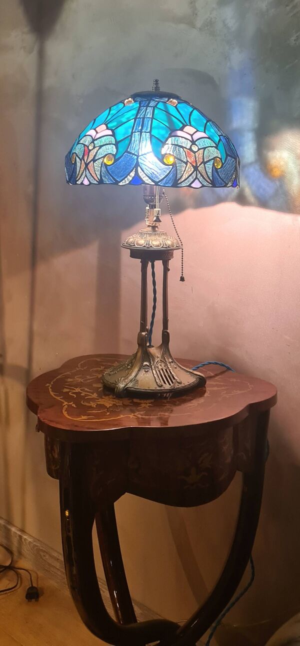 Lampe ancienne regule patiné bronze art nouveau  abat jour verre vitrail