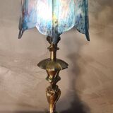 Antique art nouveau bronze lamp with tinted glass shade, 43x16