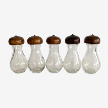 Set of glass and wood spice jars