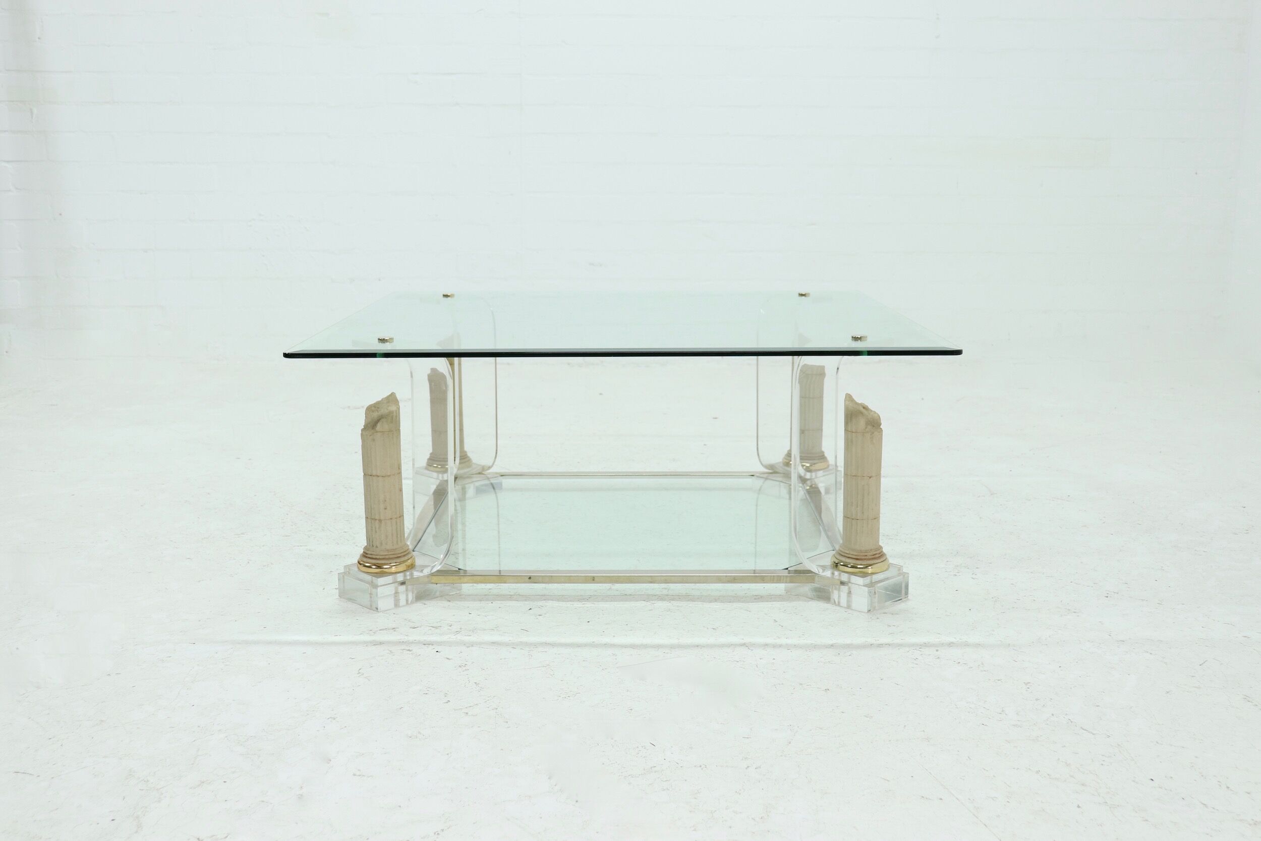 Two Tier Regency Lucite & Glass Pedestal Coffee table 1980s