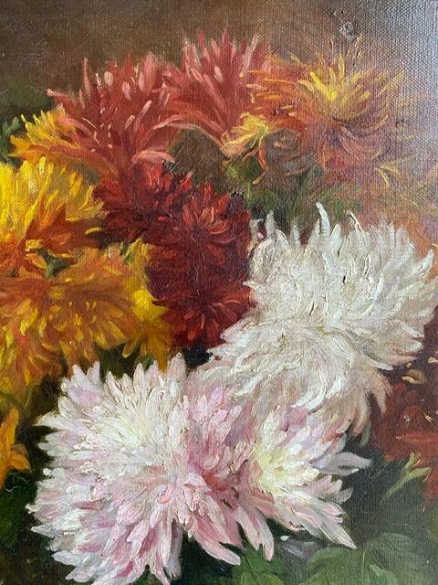 Ancient painting, dead nature with dahlias, signed, dated, late 19th century