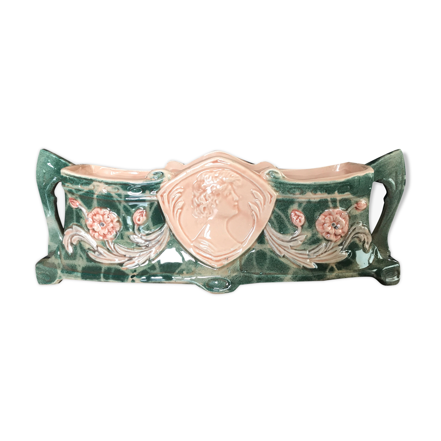 Jardinière with ceramic handles enameled vintage polychrome paint 39.5 cm