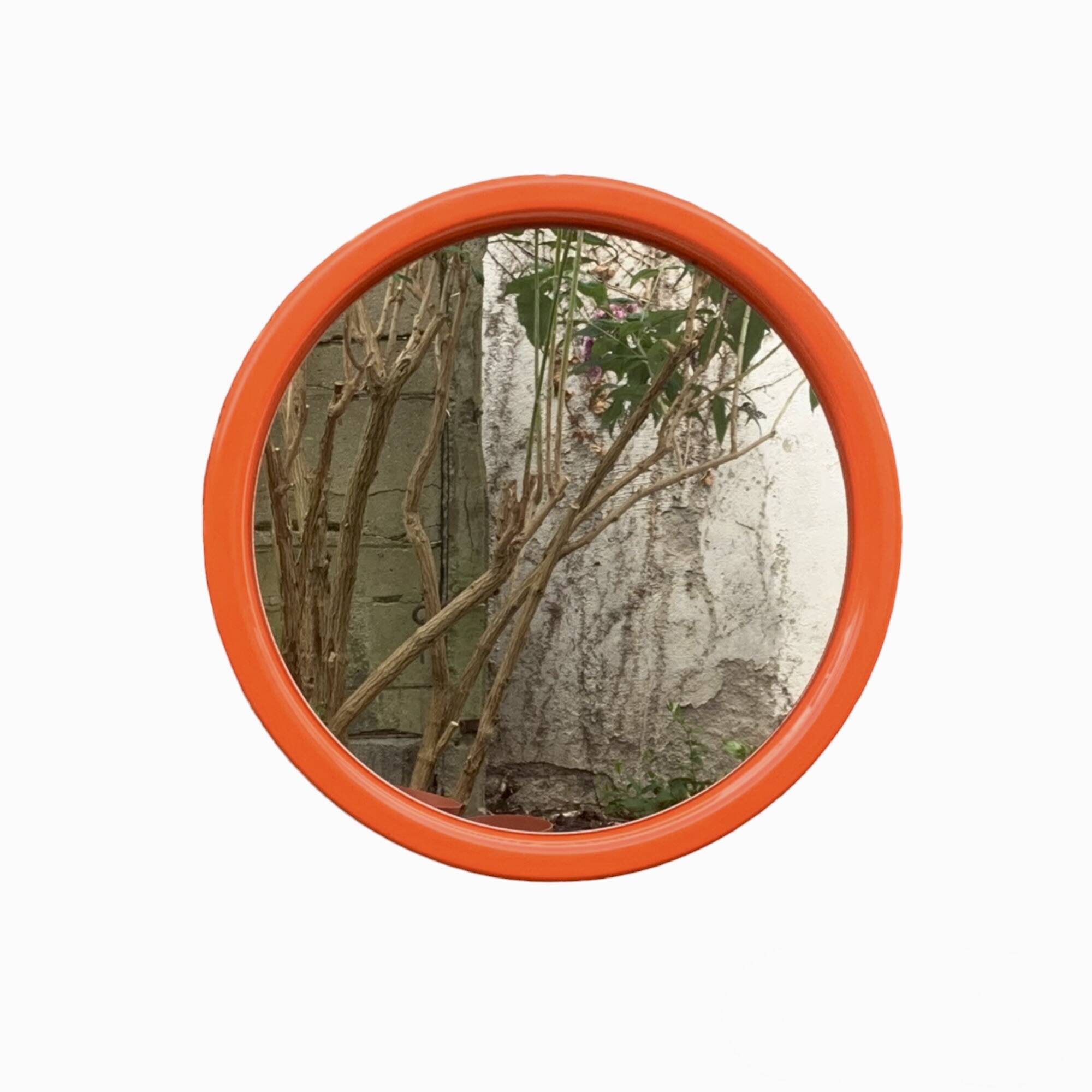 Vintage round wall mirror in orange plastic - diameter: 46 cm