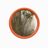 Vintage round wall mirror in orange plastic - diameter: 46 cm