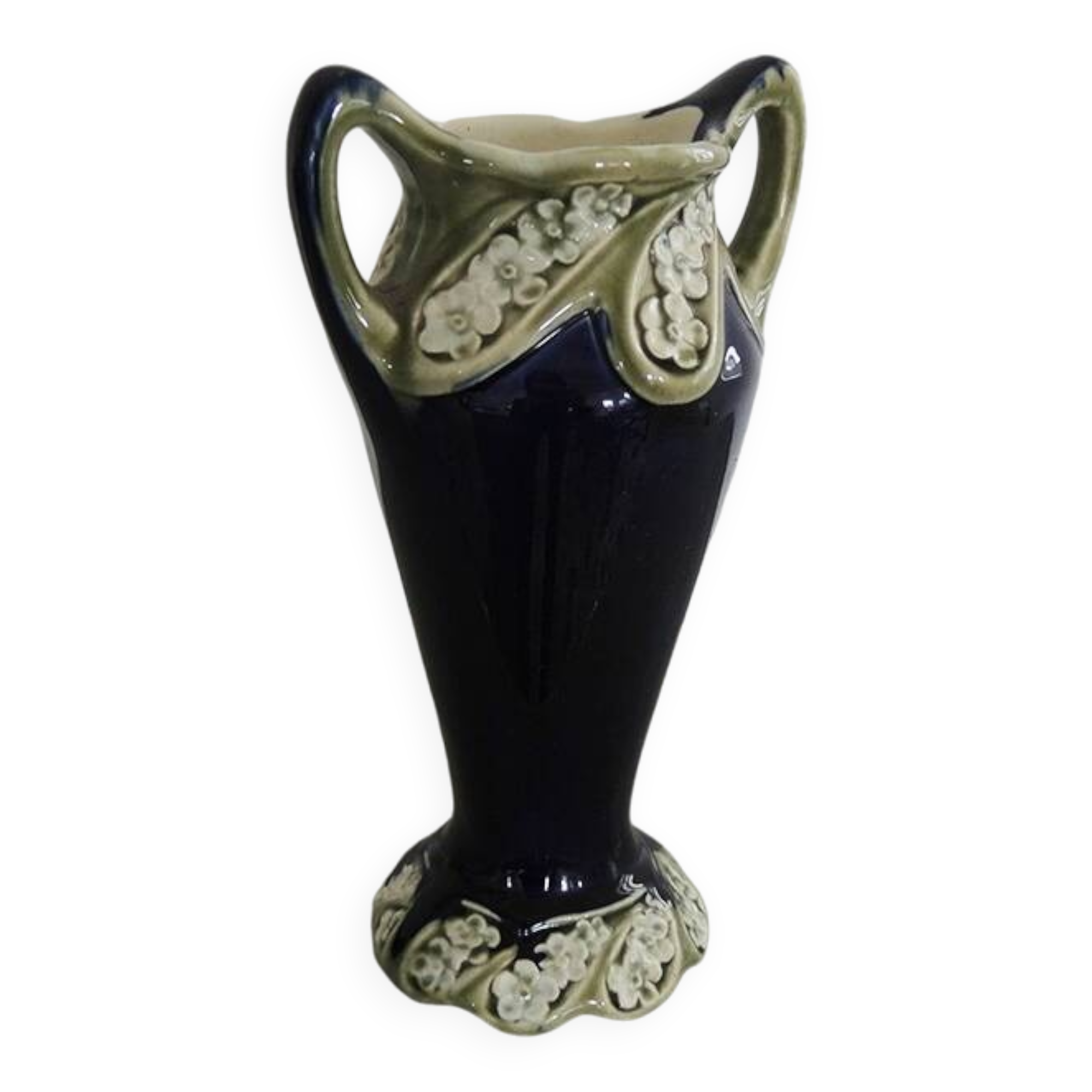 Antique Blue Barbotine Vase from De Bruyn