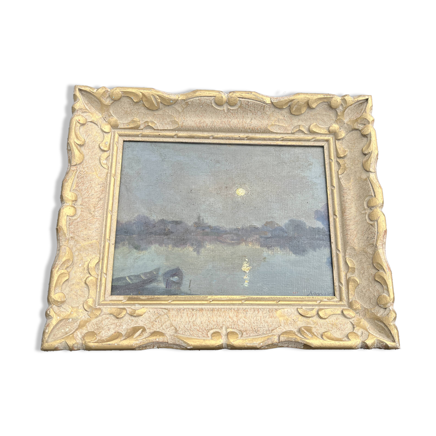 Antique Painting - Night Landscape by the Water and Golden Frame