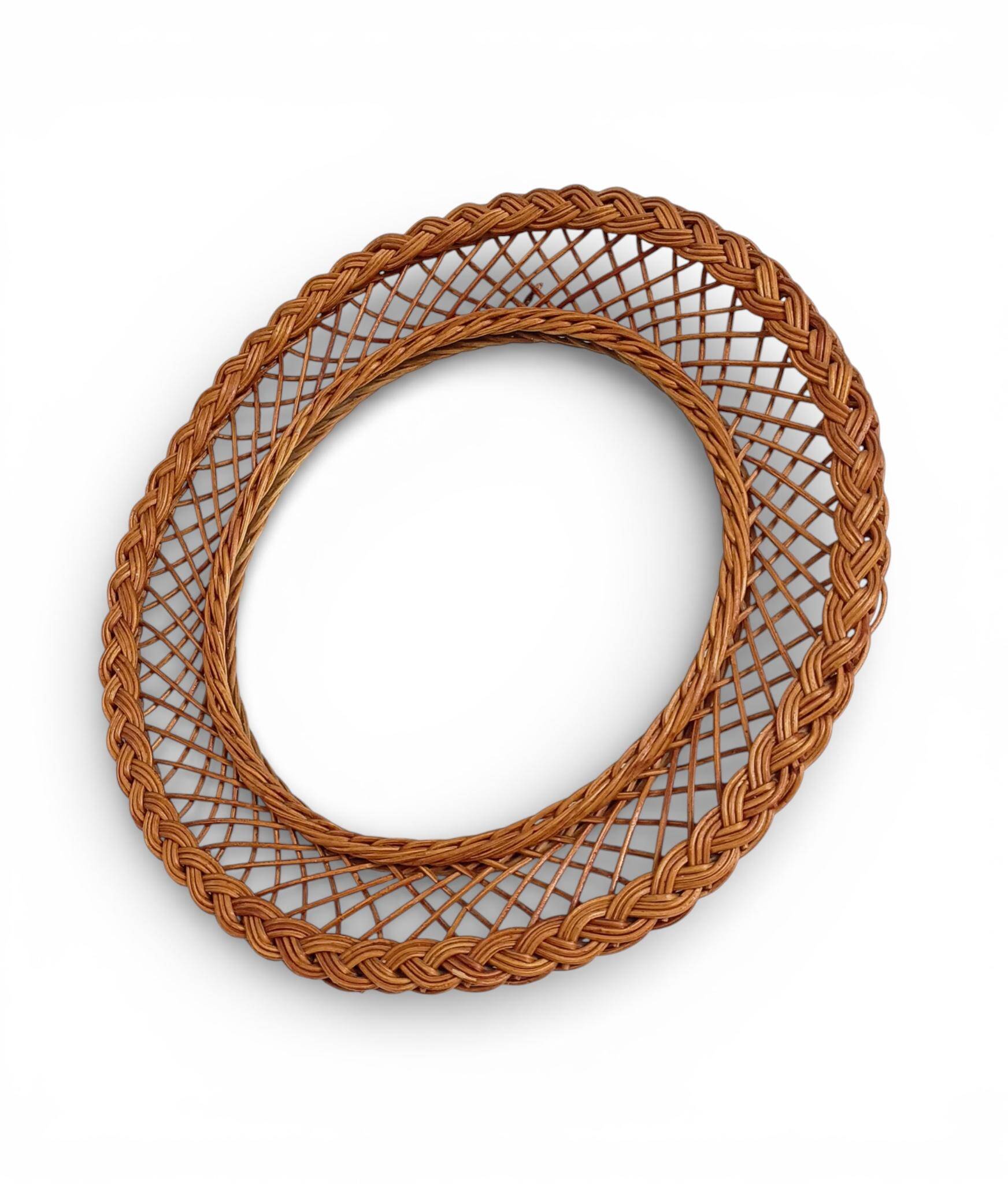 Rustic French Provence Wicker Round Mirror, Organic Modern, Handmade, France