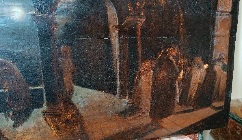 Ancient Table Large Sketch in Oil on Panel Convent of the Brothers 19th Century