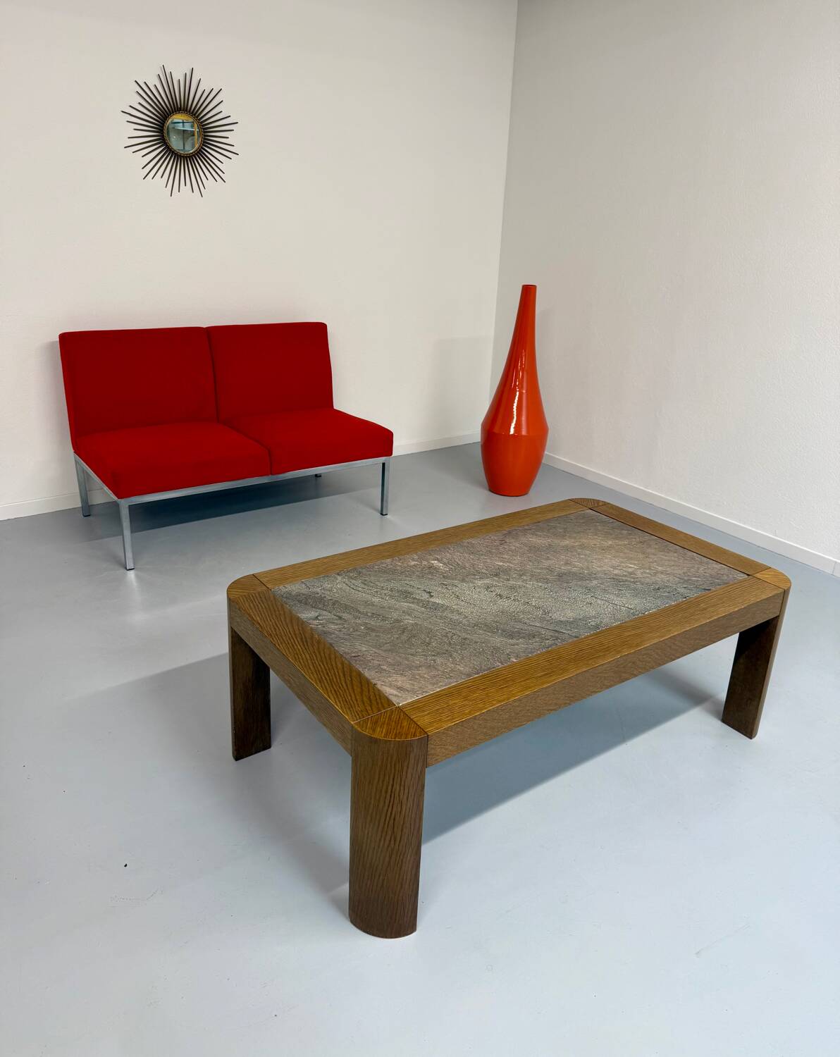 Old coffee table in wood and granite stone, vintage design from the 70s