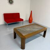Old coffee table in wood and granite stone, vintage design from the 70s