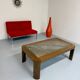 Old coffee table in wood and granite stone, vintage design from the 70s