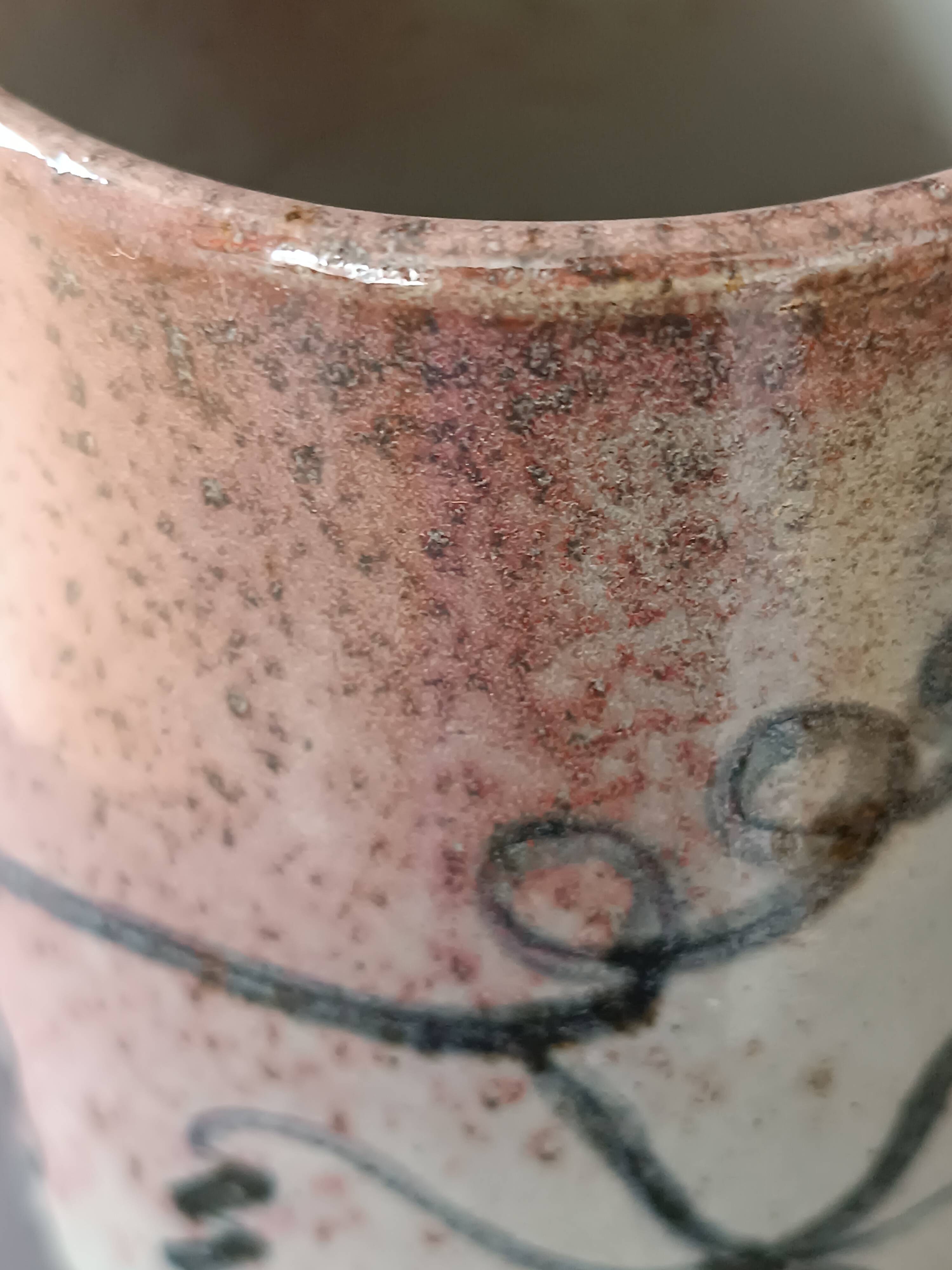 Stoneware pitcher from Alsace, incised decoration of vine by Louis Buecher 1986.