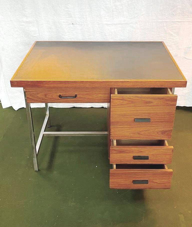 Teak veneer desk with chromed metal frame, from the 70s.