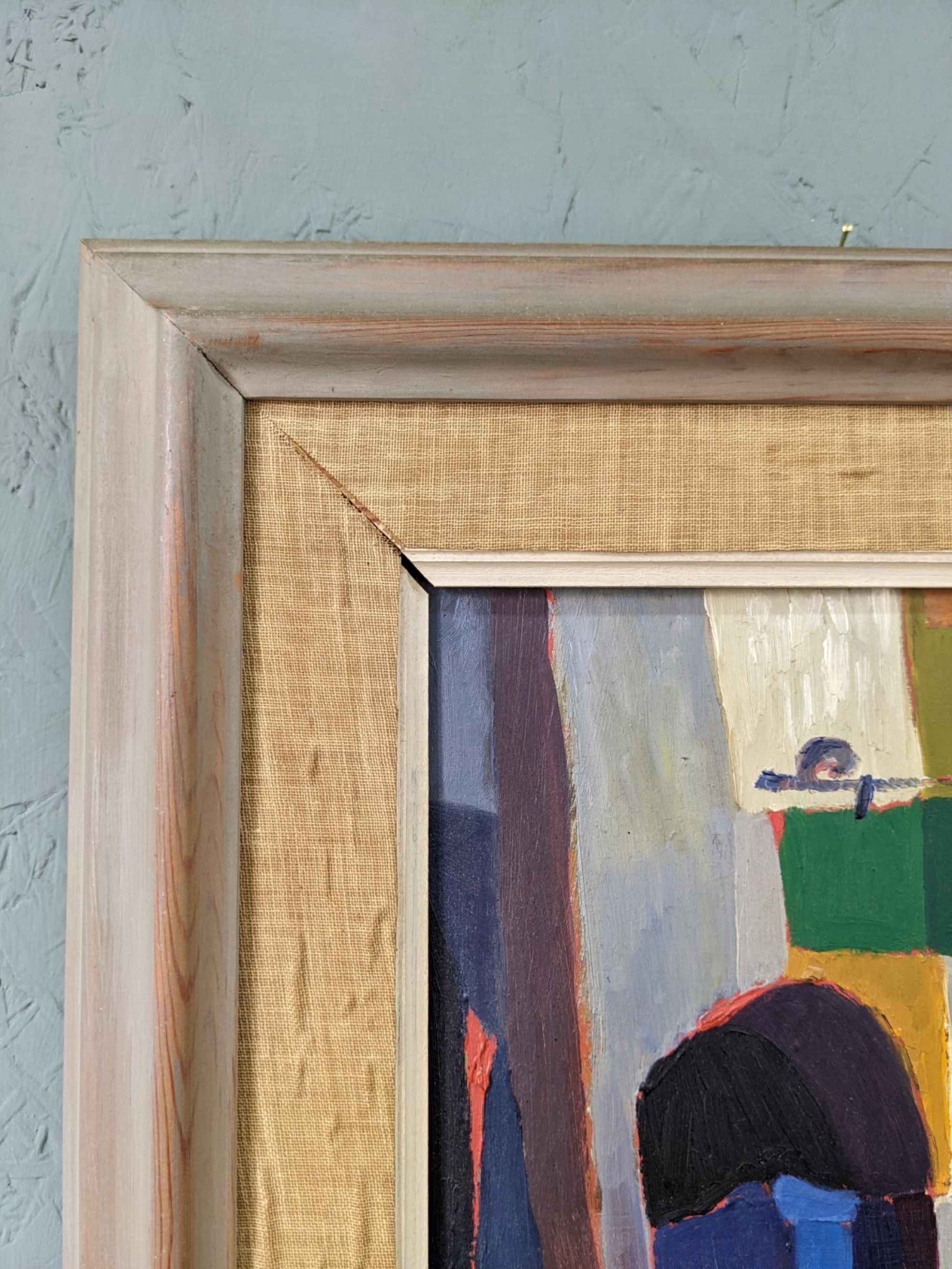 Mid-century modern swedish "streets of portugal" street scene oil painting, framed