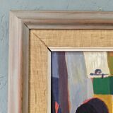 Mid-century modern swedish "streets of portugal" street scene oil painting, framed