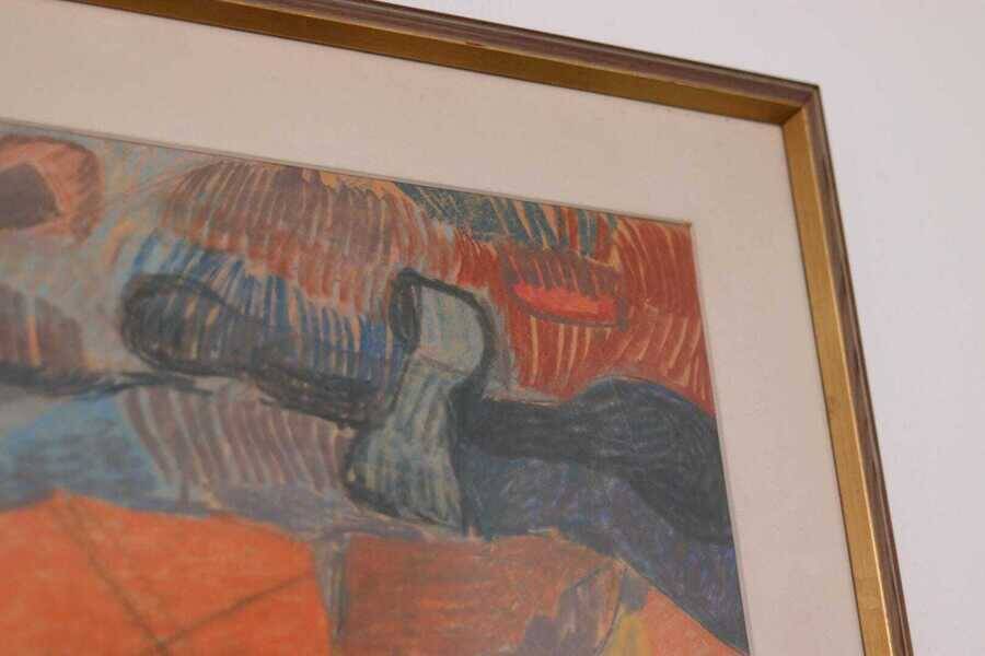 Original Swedish glazed pastel/oil on panel – abstract – glazed, vintage & framed – 86 × 66 cm (33.9" × 26.0")