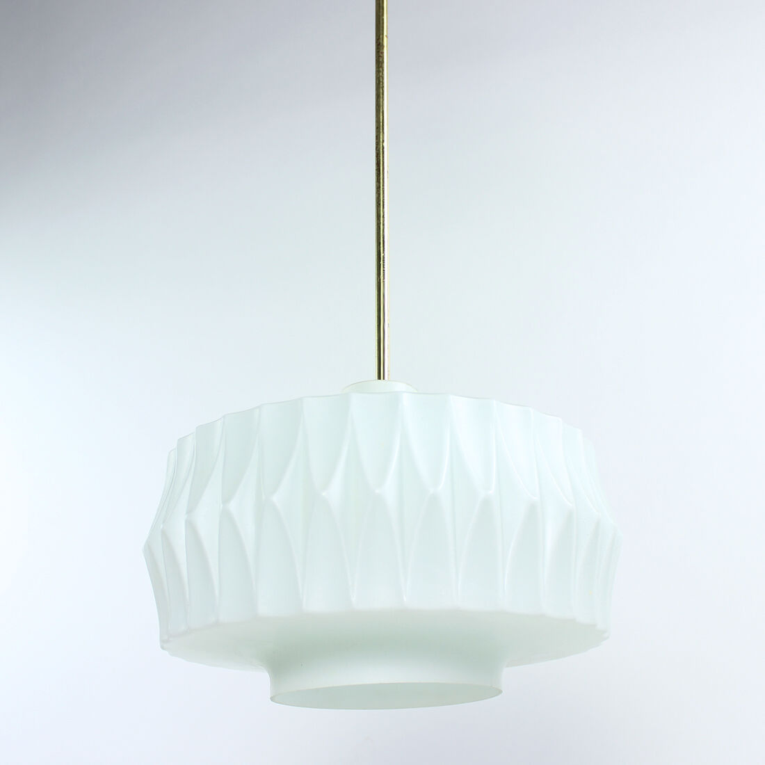 Midcentury ceiling pendant in white glass and brass, czechoslovakia 1960s