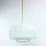 Midcentury ceiling pendant in white glass and brass, czechoslovakia 1960s